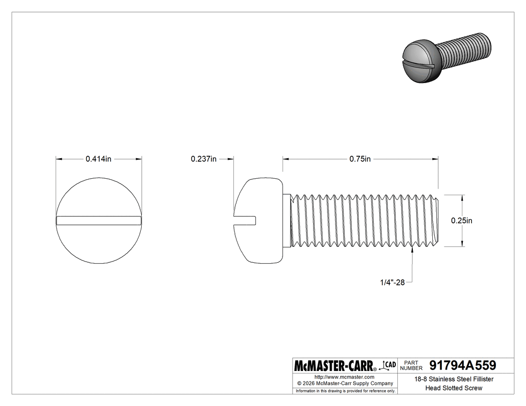 Technical Drawing of 18-8 Stainless Steel Fillister Head Slotted Screw, 1/4"-28 Thread Size, 3/4" Long.